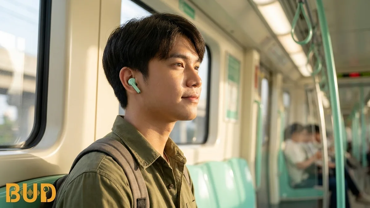 ผู้ใช้สวมหูฟังไร้สาย TWS ราคาประหยัดฟังเพลงระหว่างเดินทาง