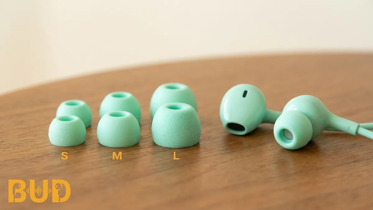 จุกหูฟังซิลิโคนและโฟมหลายขนาด S M L วางเรียงข้างหูฟัง in-ear