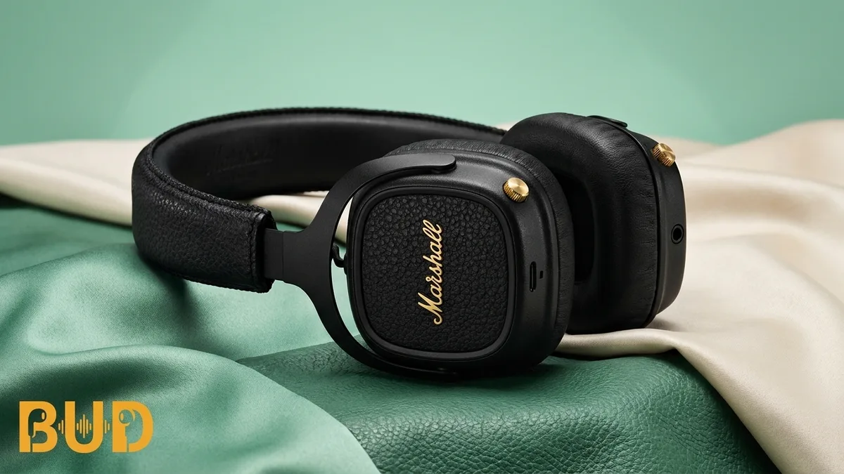 หูฟังครอบหู Marshall สีดำ ผิวหนังลายแอมป์ โลโก้ตัวเขียนสีทอง