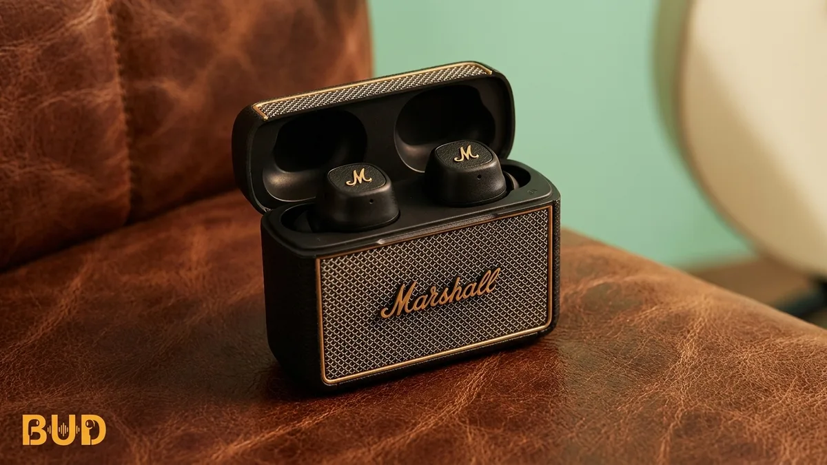 หูฟังไร้สาย Marshall แบบ TWS พร้อมเคสชาร์จสไตล์แอมป์ โลโก้สีทอง
