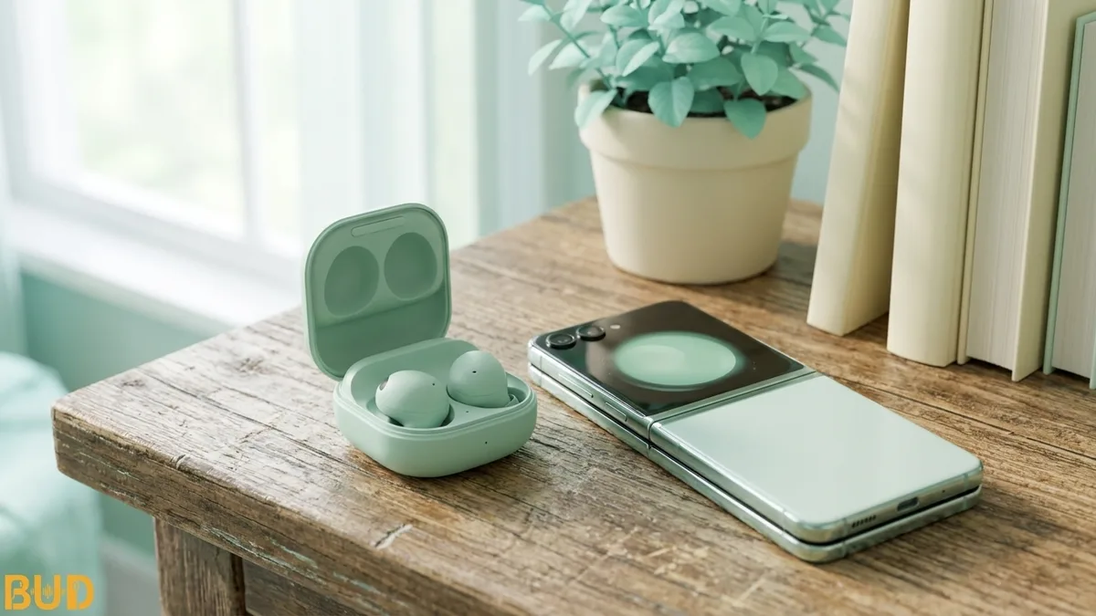 หูฟัง Samsung Galaxy Buds วางคู่กับสมาร์ทโฟน Samsung Galaxy