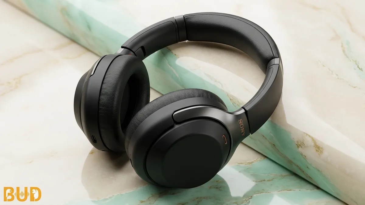 หูฟังครอบหู Sony WH-1000XM สีดำพรีเมียม วางโชว์บนพื้นหินอ่อน