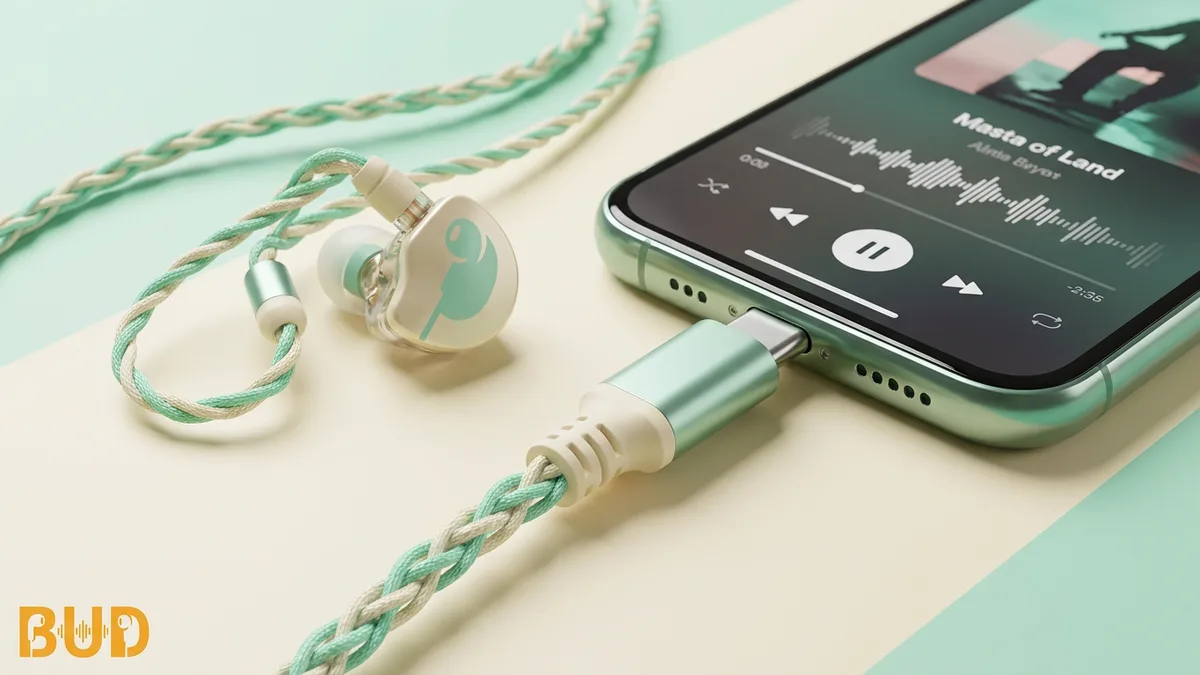 หูฟัง IEM มีสายปลั๊ก USB-C เสียบกับสมาร์ทโฟนกำลังเล่นเพลง
