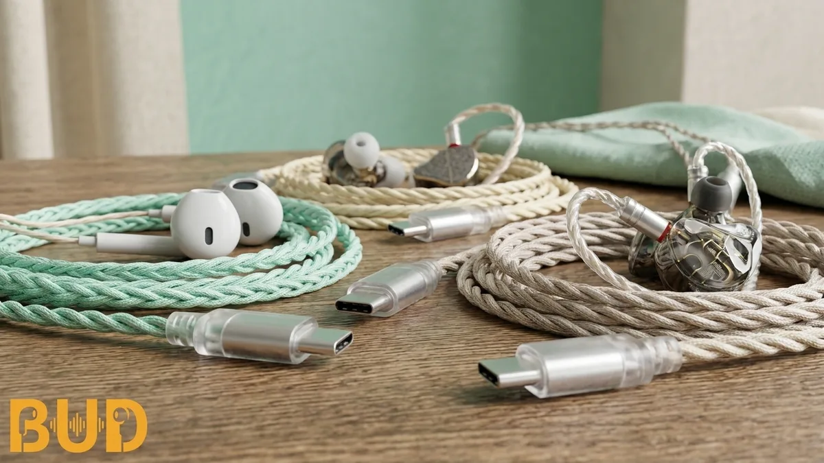 หูฟังมีสายปลั๊ก USB-C หลายแบบทั้ง earbud และ IEM สายถัก วางเรียงกัน