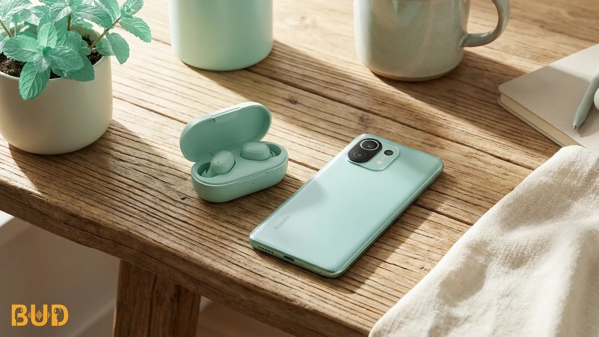หูฟังไร้สาย Xiaomi วางคู่กับสมาร์ทโฟน Xiaomi บรรยากาศคุ้มราคา